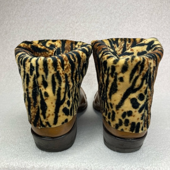 Vintage Leather Western Cowgirl Ankle Boots Womens 7.5 Brown Cheetah Cuff Accent - Picture 8 of 12